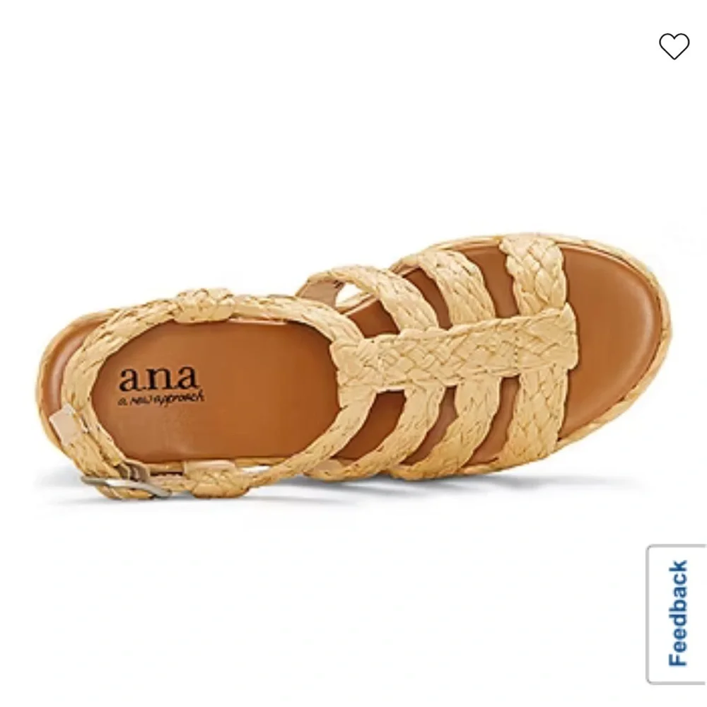 NWT-ANA-9.5-Merlin natural wedge-braided Raffia, straps, buckle, platform shoe.